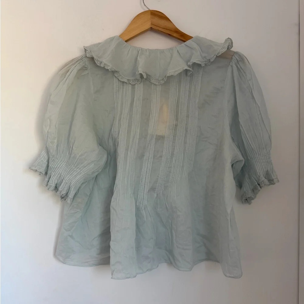 Doen NWT Medium Henri Ruffle Cotton Blouse in Alice Blue - Picture 8 of 14